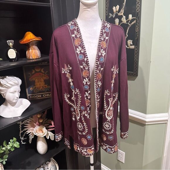 Soft Surroundings Embroidered Maroon Open Front Cardigan Size Medium - Picture 2 of 15